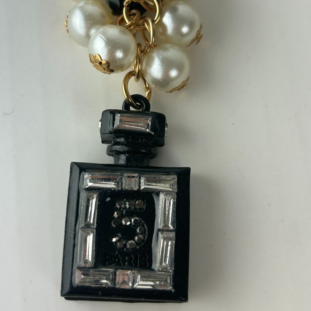 Perfume Bottle Number 5 and faux pearl beads for handbag or personalized Keyring
